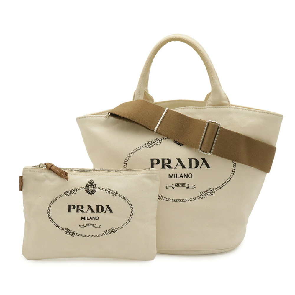 PRADA Canapa Tote Bag, Handbag, Shoulder Canvas Leather, Ivory White, 1BG163